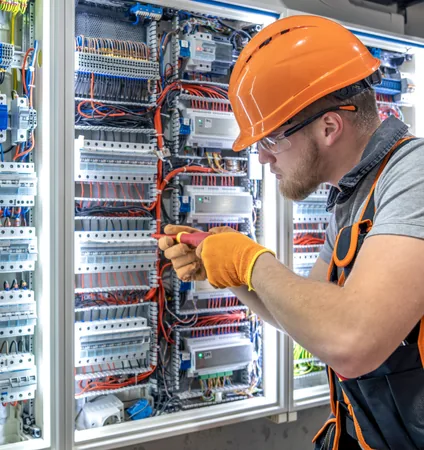 Technicien câblant une armoire électrique