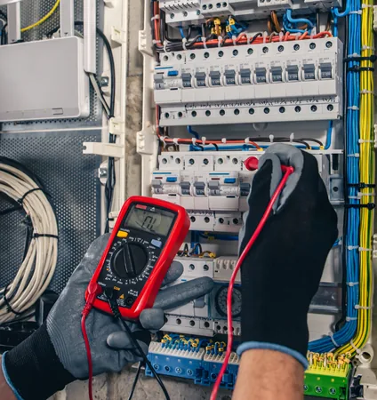 Mesure au multimètre sur un tableau électrique de bâtiment